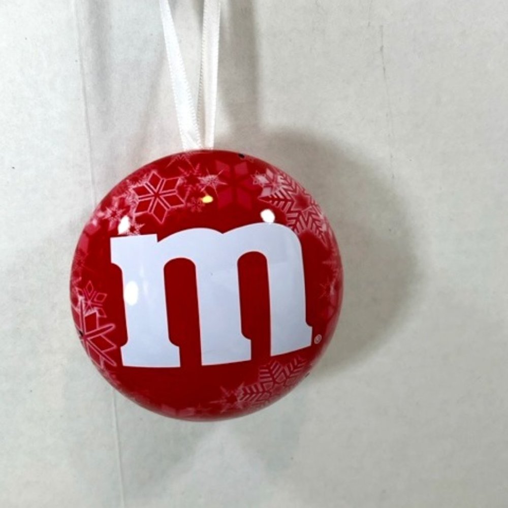 Vtg M&M Red White Snowflakes Metal Candy Tin Ornament Christmas 3"